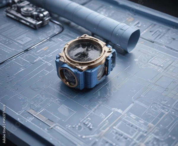 Fototapeta Blueprint style graphic superimposed on a product shot, showcasing industrial design , plan, background, worn
