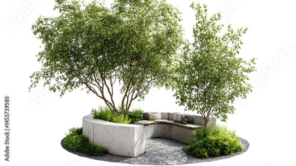 Fototapeta Serene outdoor seating area surrounded by lush trees and greenery, inviting relaxation