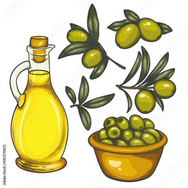 Fototapeta Hand-drawn vector illustration of olives and olive oil. Includes glass bottle of olive oil, green olives in a bowl, and olive branches with leaves. Vintage color sketch style.
