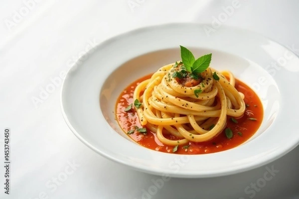 Fototapeta Elegant pasta dish, sauce, herbs, white backdrop , gourmet, still life