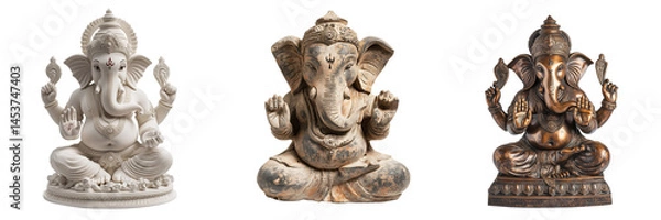 Fototapeta Set of Hand-painted clay statue of Ganpati Bappa with lifelike eyes and festive decoration on transparent png background. Ai generated
