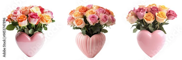 Fototapeta Set of Minimalist stock photo showing a modern vase of pink roses on a table and a person presenting a heart in their hands on transparent png background. Ai generated
