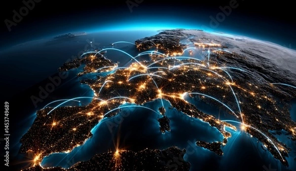 Fototapeta Map of Europe with glowing connections between cities showing global network and digital connectivity on dark blue planetary background