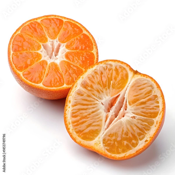 Fototapeta A mandarin sliced cleanly in half, revealing its juicy, segmented interior.