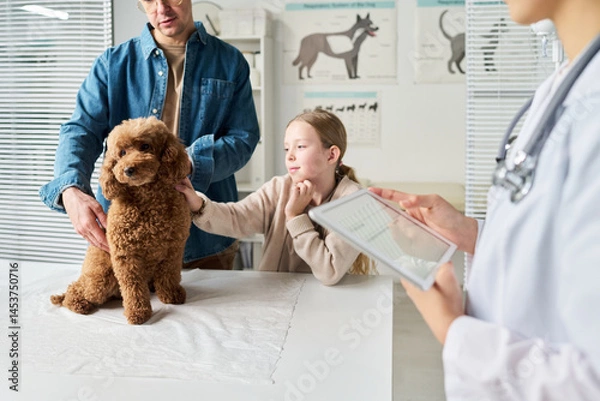 Fototapeta Caucasian girl and her father cuddling their cute dog sitting on medical table in front of them while waiting for check-up