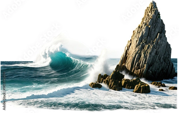 Fototapeta Dramatic ocean waves crash against a rocky headland, creating a dynamic coastal scene with energy.