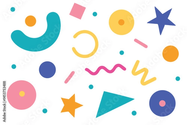 Fototapeta Cheerful array of vibrant geometric shapes floats against a clean white backdrop perfectly