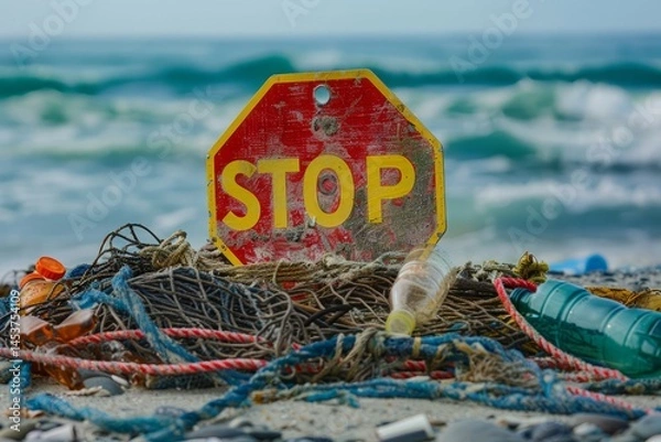 Fototapeta Stop Sign Surrounded by Ocean Pollution and Beach Debris
