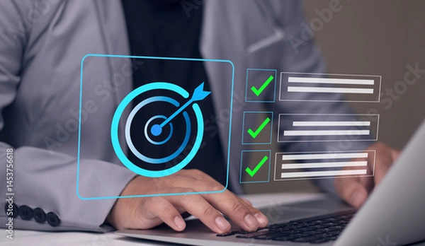 Fototapeta Business goal setting and task management. Businessman interacts with a digital checklist and target icon, representing productivity, goal achievement, and strategic planning.
