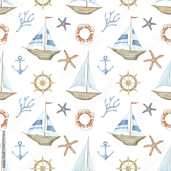 Fototapeta Seamless children's drawing with sailing ships and nautical elements. Watercolor illustration for fabric, textile, wrapping paper, packaging, cover.