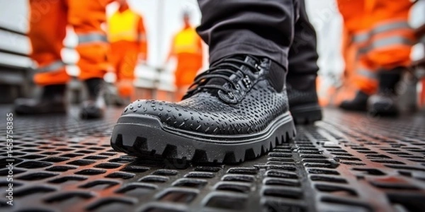Fototapeta Close-Up of Black Textured Safety Boot on Metal Grate with Construction Workers in Reflective Orange Uniforms in Background