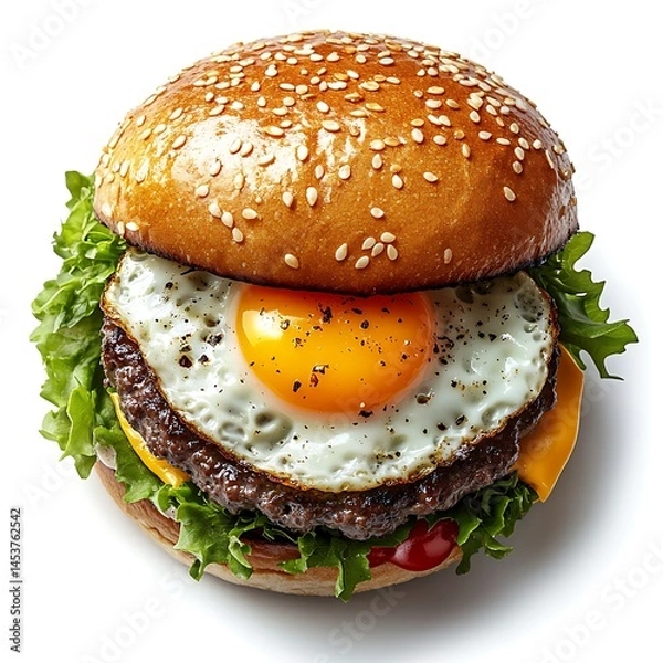 Fototapeta Gourmet Egg Burger: A mouthwatering, overhead shot of a gourmet burger, featuring a succulent patty, perfectly cooked egg, crisp lettuce, a slice of cheese, and a sesame seed bun.