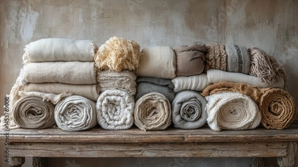 Fototapeta Stacked blankets in various neutral tones displayed on a rustic wooden table
