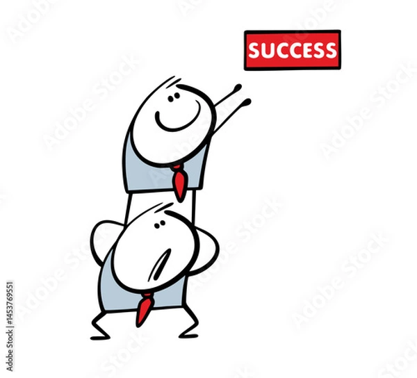 Obraz Teamwork in the office, a man in a business suit stands on a colleague's shoulders and reaches for a sign that says success. Vector illustration of a friend suffering, helping a partner.