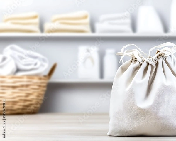 Obraz Laundry Bag sits on table, background with shelves and towels, bright, clean