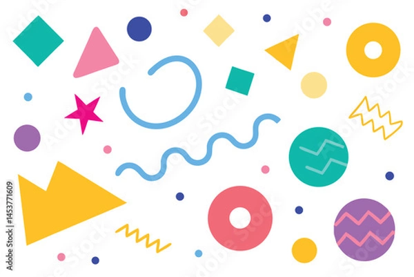 Fototapeta Various geometric shapes scattered randomly exhibit a playful, colorful aesthetic against the clean, white background