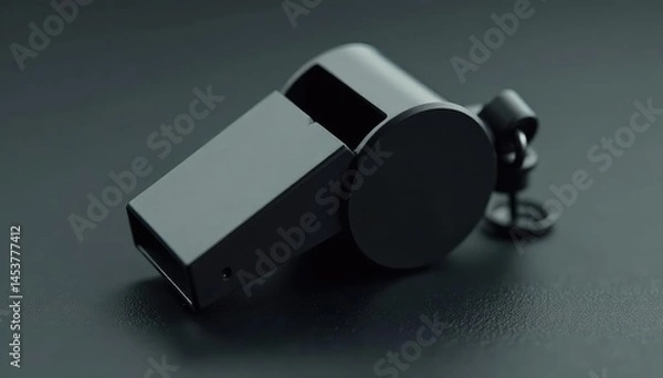Fototapeta Black plastic whistle, simple design, sharp focus , simple, background