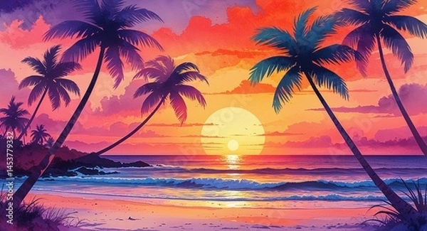 Fototapeta Beach sunset with palm trees on watercolor deep oranges pinks and purples