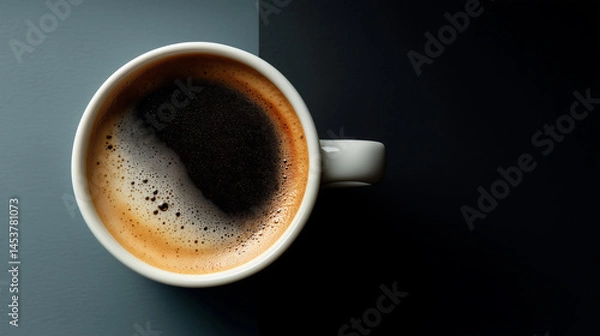 Fototapeta Coffee cup filled with dark brew on a contrasting background