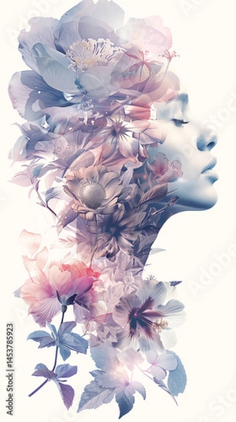 Fototapeta A creative double exposure portrait of a young Slavic woman in profile, her face blended with an array of soft pastel flowers and leaves. Botanical elements