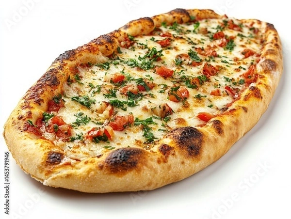 Fototapeta Savory flatbread topped with fresh tomatoes and herbs served in a rustic style