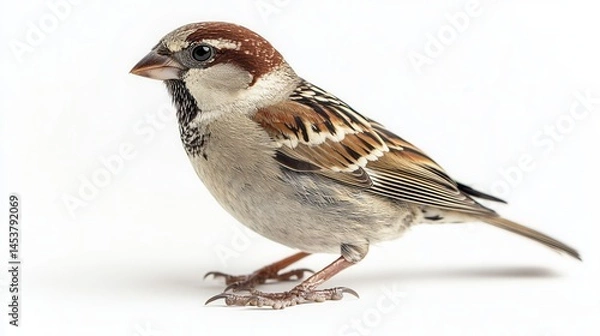 Fototapeta Sparrow perched gracefully on a plain background showcasing intricate feather patterns and vibrant colors of its plumage
