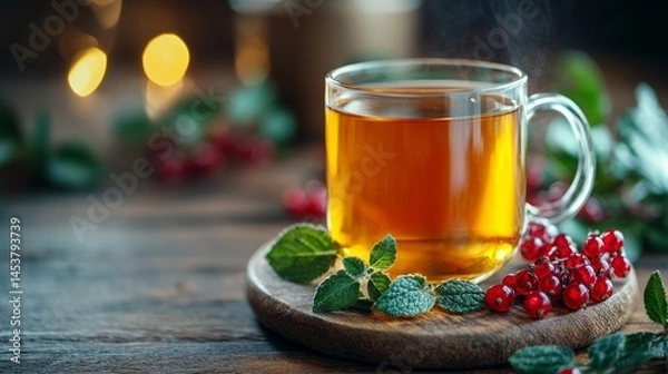 Fototapeta A steaming cup of herbal tea sits on a wooden coaster, surrounded by fresh mint leaves and bright red berries. Soft lights create a warm and inviting atmosphere