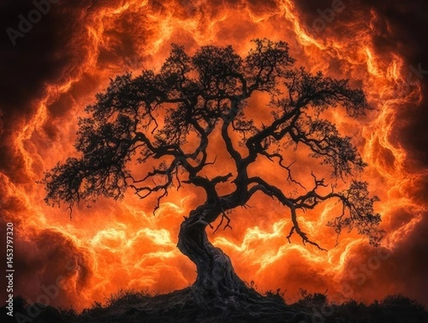 Obraz A silhouetted tree stands dramatically against a fiery, swirling orange and red sky, evoking a sense of power and intensity
