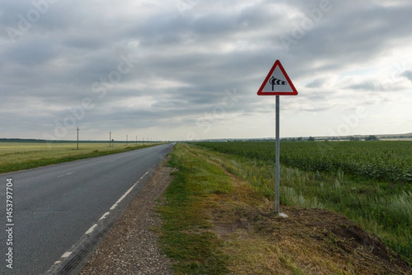 Fototapeta Crosswind warning sign along a rural road in the countryside during cloudy weather