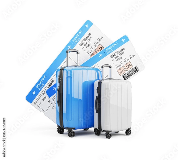 Obraz Air plane tickets and suitcases, pair of plane boarding pass and pair of suitcase. Travel or tourism concept