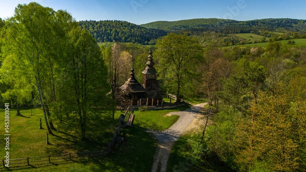 Fototapeta Aerial drone view of Orthodox church of Saint Cosmas and Saint Damian in Kotan, Poland.