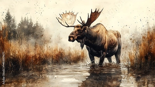 Fototapeta Realistic watercolor moose art nature themed high resolution image