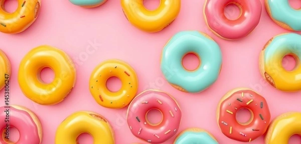 Fototapeta Seamless pattern of vibrant donuts on a soft pink background, ample empty space, vibrant colors, seamless