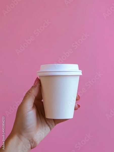 Fototapeta This image features a person's hand holding a paper cup of coffee, where the thumb is inserted through the loop. The background is a solid color and the focus is on the act of holding the beverage.