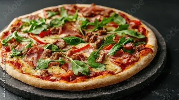 Fototapeta Delicious freshly baked pizza with toppings of meat, vegetables, and herbs on a rustic black background