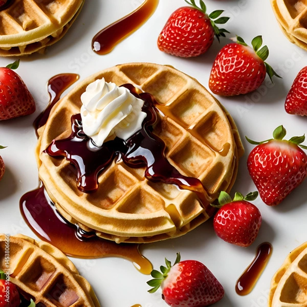 Obraz strawberry and chocolate cake, Delicious waffles topped with fresh strawberries and syrup white background