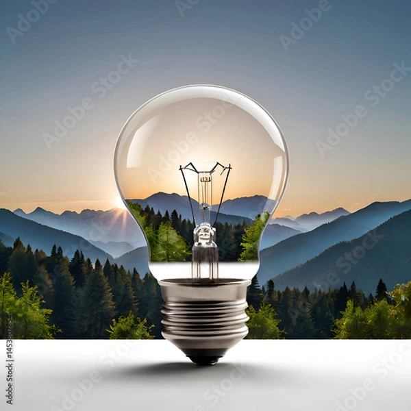 Obraz light bulb in the snow, light bulb showcasing serene mountain landscape with trees white background