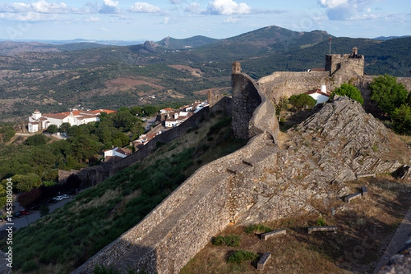 Fototapeta Panoramic view of the medieval village of Marvao, in the Alentejo region of Portugal at sunset since the castle.
