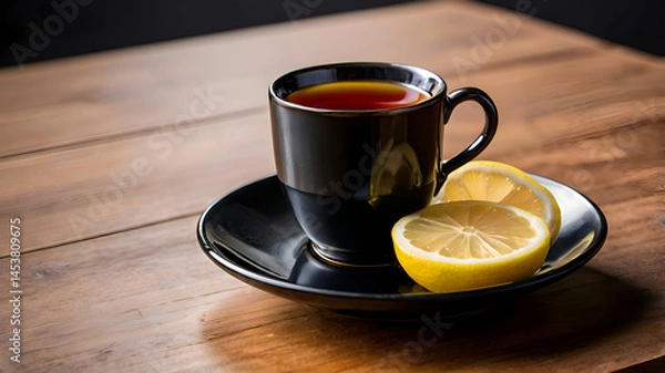 Obraz Serene Moment , A Cup of Black Tea with Lemon Slice on Wooden Table