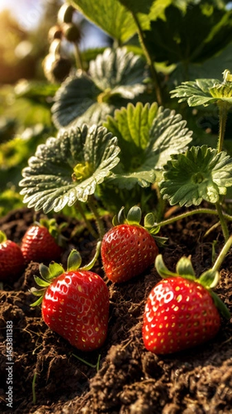 Obraz Ripe Strawberries Growing in a Garden Bed