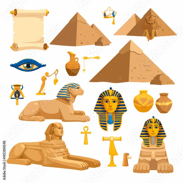 Fototapeta Ancient Egypt themed vector illustration featuring pyramids sphinxes and pharaoh mask perfect for educational or historical projects