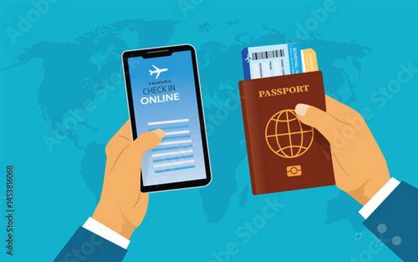 Fototapeta hand of businessman checking flight eticket on phone while holding passport and boarding pass. man hand checking online travel plane ticket on mobile phone.vector