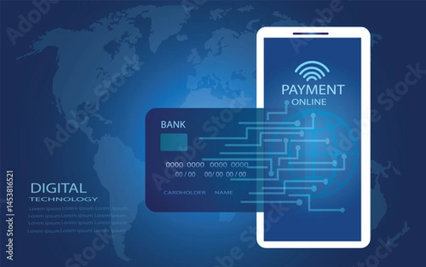 Fototapeta Mobile payment concept, Smartphone with processing of mobile payments from credit card. Vector illustration