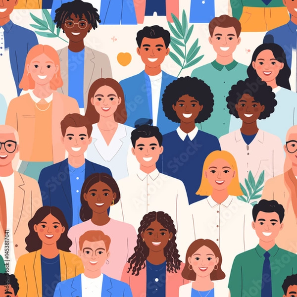 Fototapeta Diverse group of people smiling together in a seamless pattern representing community and teamwork perfect for corporate and social media use