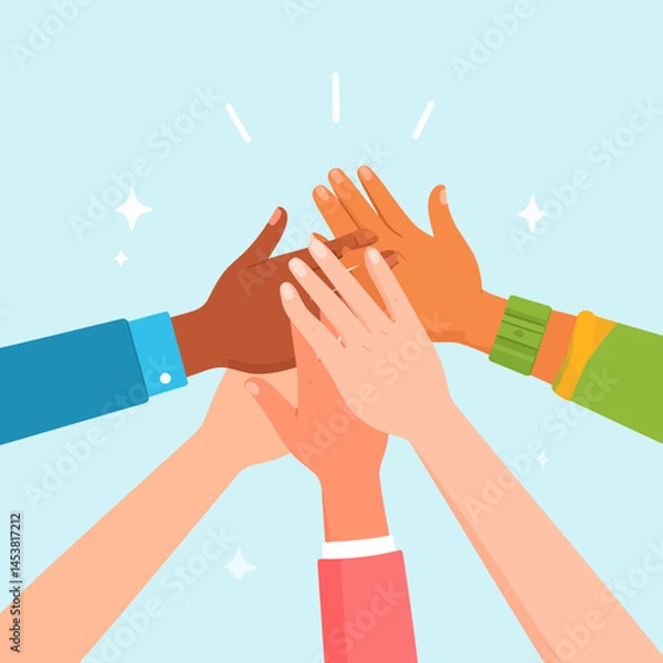 Fototapeta Diverse hands joining together in a high five representing teamwork collaboration and unity with bright light blue background and sparkling stars