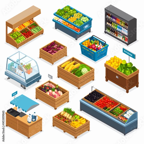 Fototapeta Isometric Grocery Store with Fresh Produce Display Shelves and Shopping Basket for Healthy Eating and Sustainable Choices