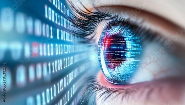Obraz Digital eye with binary code and data streams, symbolizing the AI technology concept of visualizing big data in the digital world