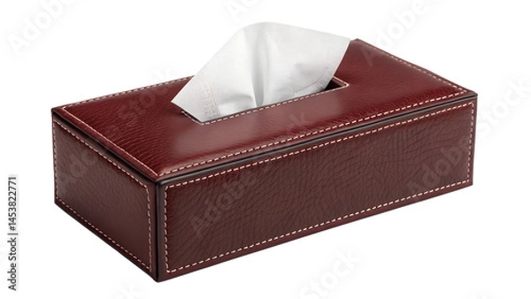 Obraz Rectangular brown leather tissue box with white tissues on black background