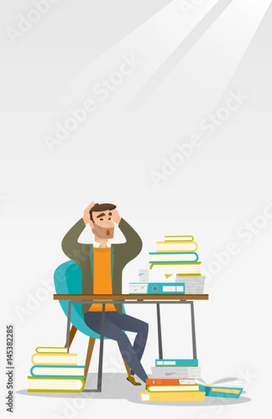 Fototapeta Student sitting at the table with piles of books.