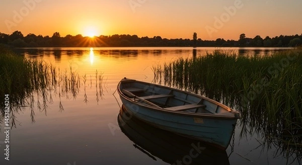 Obraz Serene Sunset Landscape: A Rowboat at Golden Hour on a Calm Lake